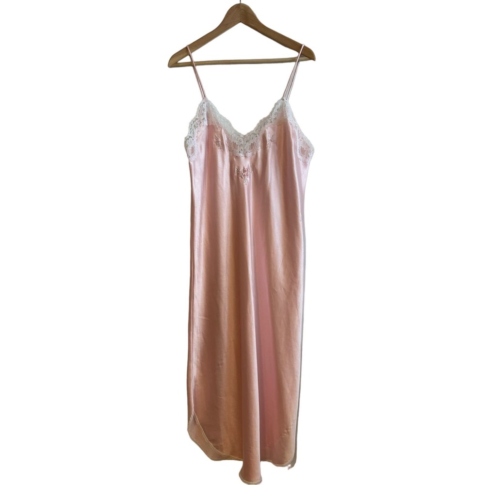 Barbizon VTG Pink slip dress lingerie light pink lace trim floral L